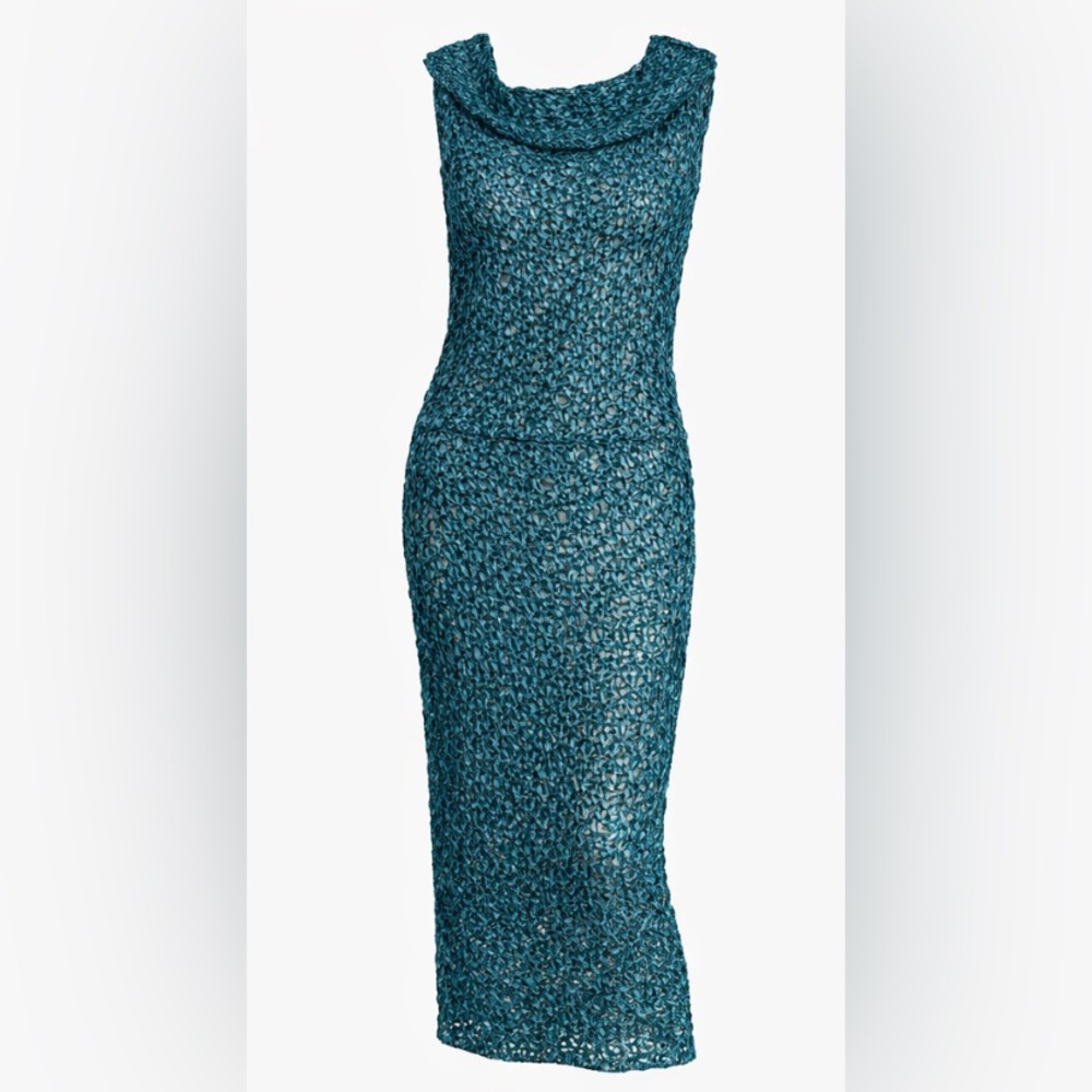 Vintage Vivienne Tam Metallic Blue Woven Crochet Dress Cowl Neck S NWOT Rare - Picture 5 of 11